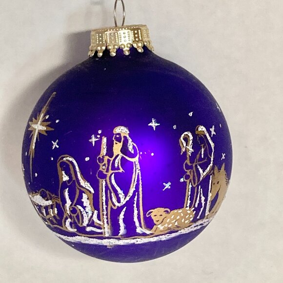 Vtg Glass Bulb Christmas Tree Ornament Nativity Scene Jesus Birth Purple Gold - Picture 5 of 10